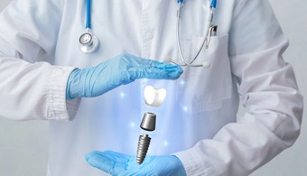 dentist with a hologram of a dental implant in their hands